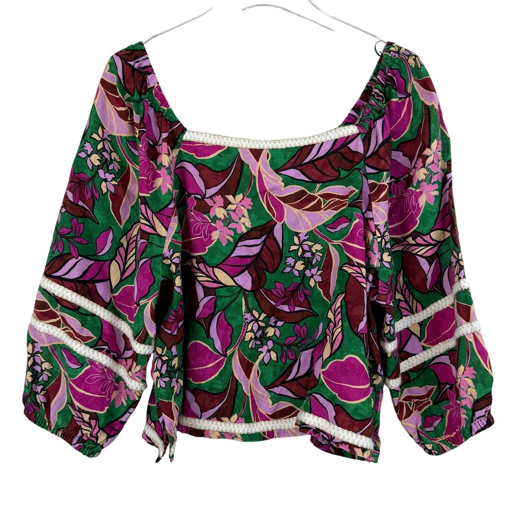 Cynthia Rowley Floral 100% Linen Top WOMEN XL Square Neck Balloon Sleeve VIBRANT